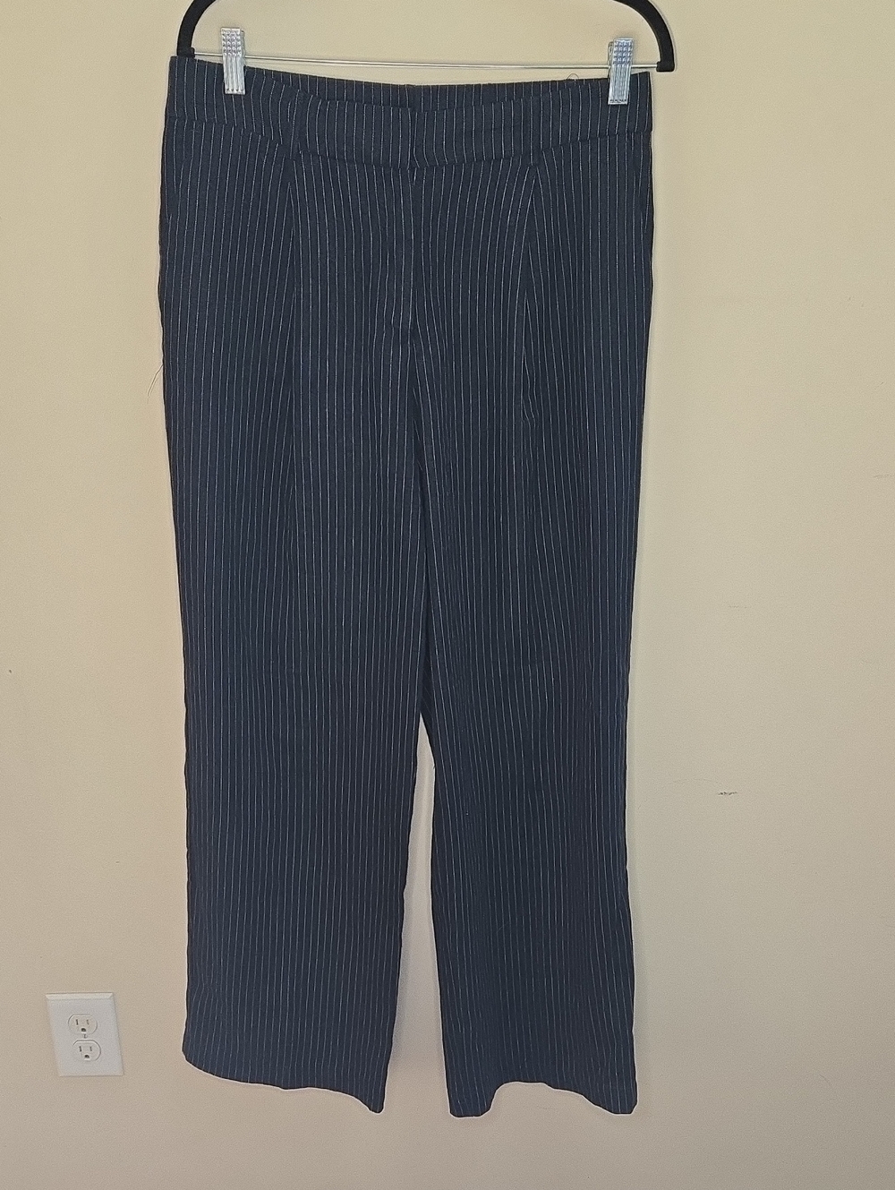 Rachel Zoe Navy Pinstripe Linen Blend Trousers Size 8 Tailored Wide Leg Pants - Picture 2 of 10